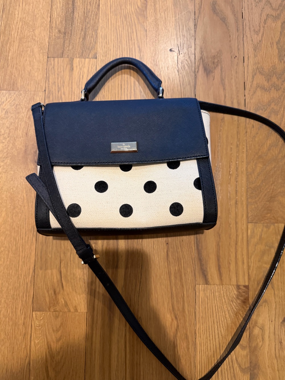 kate spade Black and Cream Polka Dot Crossbody with Navy-Flap